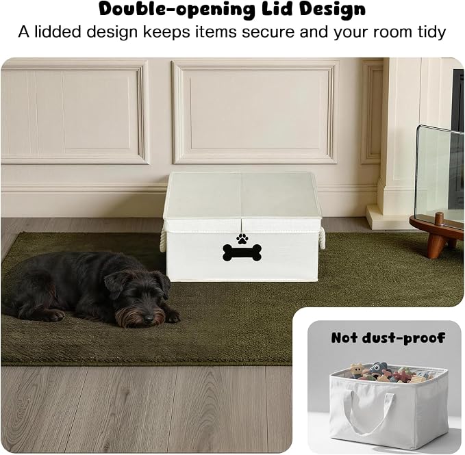 Dog Toy Basket with Double-Open Lid, Divided Dogs Basket for Toys, Collapsible Pet Toy Box, Dog Storage Organizer with 2 Divided Area, Puppy Toys Baskets with Rope Handles, Beige - Image 3