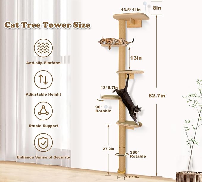 Wild Simulation Cat Tree for Kittens, 5-Level Floor to Ceiling Cat Wall Shelves with Sisal Mat Platforms, Rotating Wall-Mounted Climbing Tower for Scratch, Lookout & Perch - Image 2