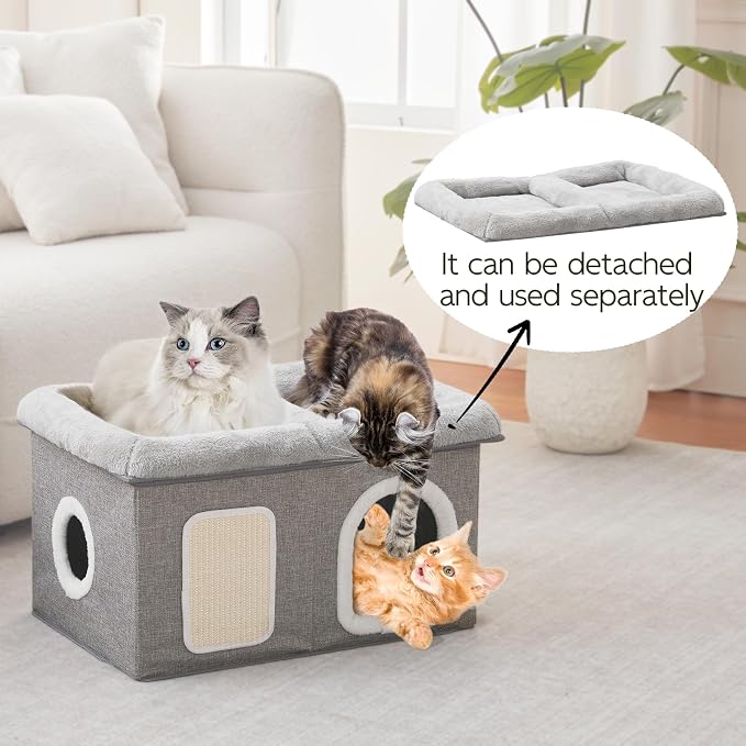 WINDRACING Cat House for Indoor Cats - 24.4" W Extra Wide Cat Bed Cave for Double Small Cats and Foldable with Scratch Pad, Cat Hideaway Condo for Kitten, 24.4x16.9x14.2 Inches, Light Grey - Image 2