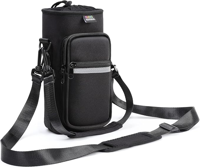 Nuovoware Water Bottle Carrier Bag, 40oz Bottle Pouch Holder, Adjustable Shoulder Hand Strap 2 Pocket Sling Neoprene Sleeve Sports Accessories for Hiking Travelling Camping, BlackCarbon by NUOVOWARE