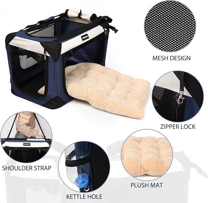 Collapsible Dog Travel Crate,Portable Soft-Sided Pet Carrier Extra Large Cat Carrier with Soft Plush Plush Mat for Indoor and Outdoor,28x20x20in,Navy Blue - Image 2