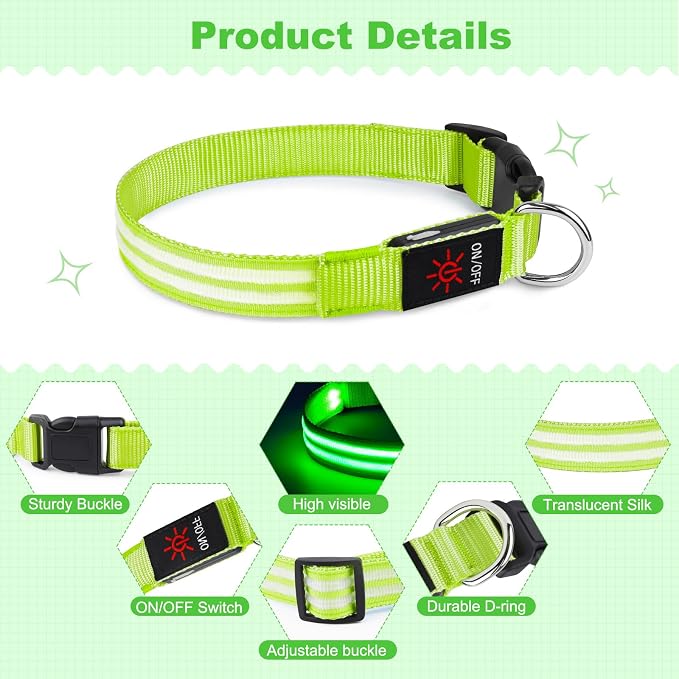 Illumifun Lighted Dog Collars for Night, USB Rechargeable Light Up Dog Collar, Water-Resistant LED Dog Collar Glow in the Dark (Green, Medium) - Image 3