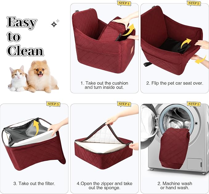 Dog Booster Car Seat for Dogs up to 35lbs, Safety Pet Car Seats with Anti-Slip Bottom, Travel Booster Dog Bed with 2 Storage Pockets (Wine Red, Medium) - Image 3