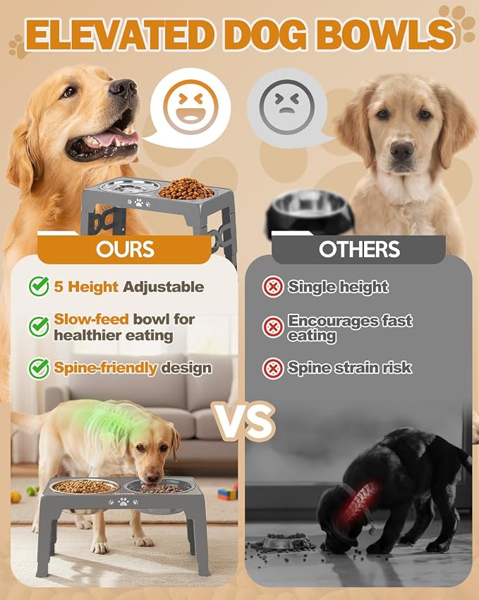 Jovrun Elevated Dog Bowls for Medium Large Size Dogs, Non-Slip Dog Feeder with 1*Stainless Steel Dishes & 1*Slow Feeder Bowl, 5 Heights Adjustable Raised Bowls to 3.15″-8.66″-9.84″-11.02″-12.2″ - Image 3