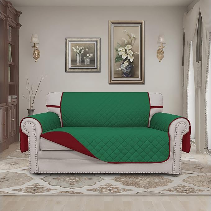 Easy-Going Reversible Couch Cover, 2 Cushion Sofa, Green/Christmas Red | Loveseat Slipcover For Dogs, Water Resistant Furniture Mat, Living Room, Non-Slip Sofa Cover, Pet Friendly - Image 2