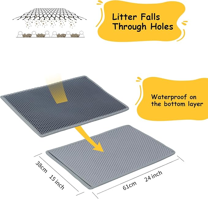 Cat Litter Mat, Litter Box Mat, Large Double Layer Waterproof Proof Trapping mat, Non-Slip Design, Kitty Litter Rug, Cat Supplies, Easy to Clean, 24x15 Inch, Grey, Pack of 1 - Image 2