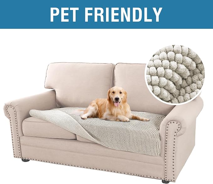 H.VERSAILTEX Plush Chenille Dog Bed Cover Thick Soft Sofa Covers Loveseat Cover for 2 Cushion Couch Anti Slip Couch Cover Furniture Protector for Dog, Pet, Cat (35" x 62", Oatmeal) - Image 3
