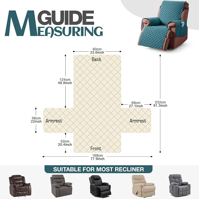 KinCam 100% Waterproof Recliner Chair Covers Washable, 23.6", Peacock Blue | Anti Slip Reclining Couch Covers for Pets Dog, Recliner Sofa Slipcover Storage Pocket, Furniture Protector with Elastic Strap - Image 4