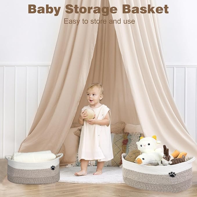 Optish 25L Medium Dog Toy Basket, Woven Rope Storage Basket, White-Brown | 16.5" x 11" x 9" Toy Storage Box and Bin with Handles for Living Room, Bedroom Organization, Foldable, Durable, Home Decor - Image 6