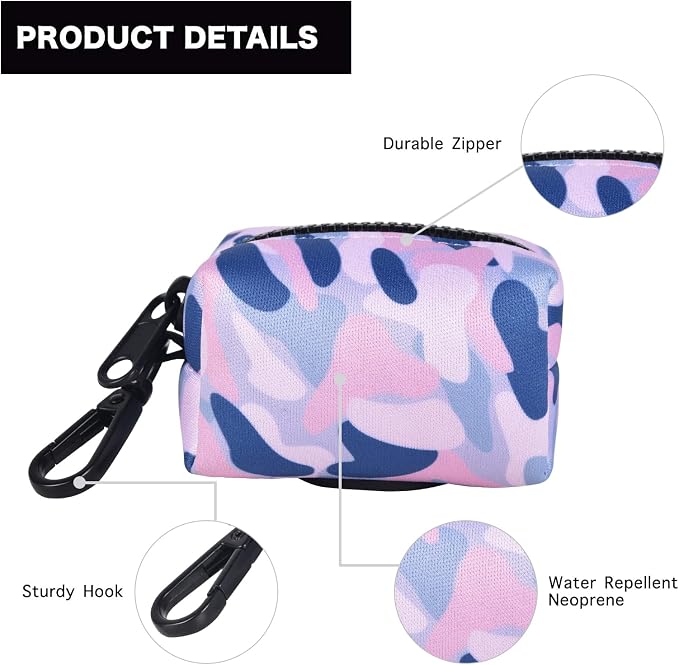 Petmolico Dog Poop Bag Holder Dispenser 2 Pack, Blue Pink Camouflage | Zippered pouch fits any leash, includes free roll of bags, lightweight & portable for daily walks, travel & outdoor use - Image 3