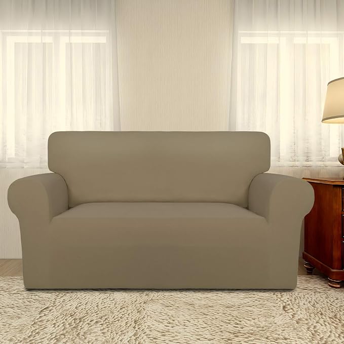 PureFit Stretch Loveseat Covers Fleece Couch Covers for Sofa Tan | 1-Piece Sofa Slipcover Soft Couch Protector, Sofa Cover Washable with Non Skid Foam and Elastic Bottom for Kids, Dogs - Image 2