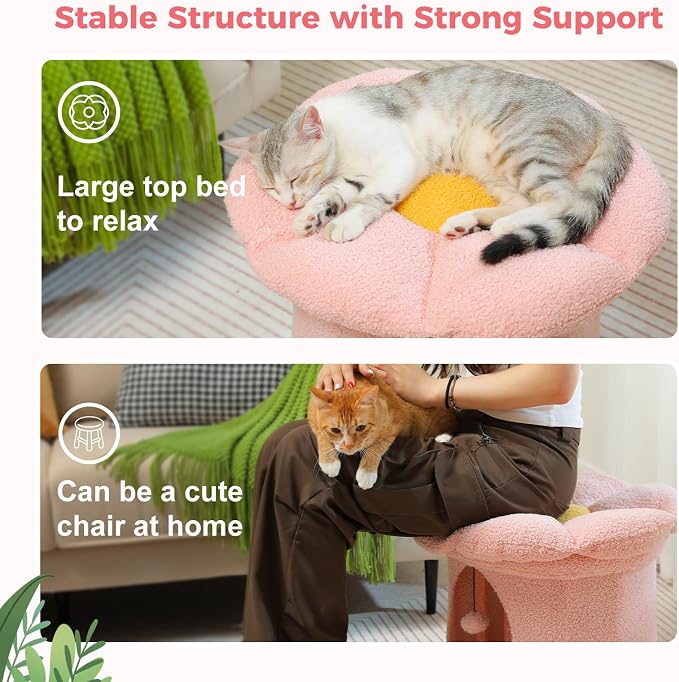 PETEPELA 20" Cute Cat Tree House with Removable Flower Bed, Pink | Small Cute Cat Tree House with Removable Flower Cat Bed, Cat Hideaway, Indoor Cat House Condo, Cat Accessories - Image 3