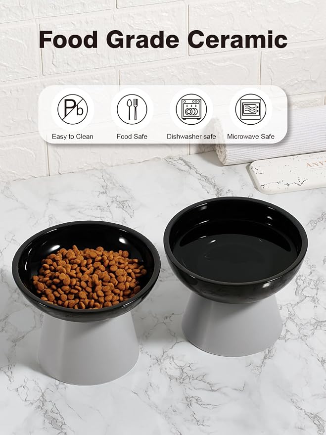 LoeJan Elevated Cat Food and Water Bowls Set, Extra Wide and Raised Ceramic Feeder, Anti-Vomit Whisker-Free Pressure Feeding Bowl for Kittens Adult Small Dogs(Black, 2 Pack) - Image 8