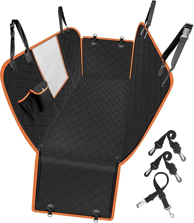Femuar Dog Car Seat Cover, Waterproof Nonslip Pet Seat Cover for Back Seat with Storage Pockets Mesh Visual Window, Scratch Proof Pet Dog Seat Cover Hammock for Cars Trucks and SUVs, XL-Orange by GuangzhouTailinTechnologyCo