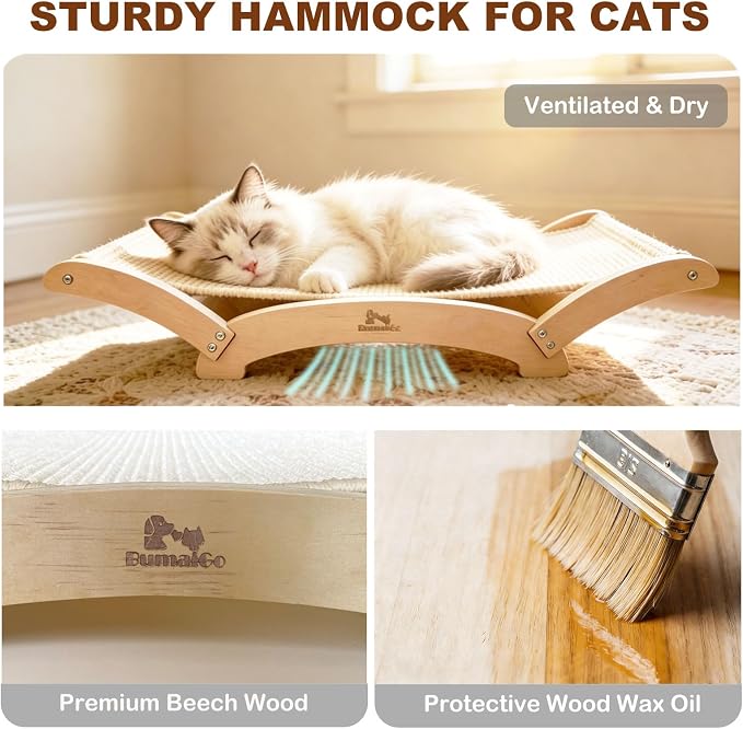 Extra-Large Sisal Cat Scratcher Bed for Indoor Cats, Cat Scratching Post with Hammock Nartural Sisal Scratch Pad for Large Cats Scratcher Lounge Chair, Wooden Cat Furniture (Light Nartural) - Image 2