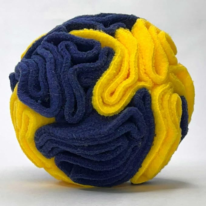 Glory To Dog Puppy/Small Breed Snuffle Ball Toy Bright Yellow & Royal Blue | Interactive fleece snuffleball hides treats at variable depths. Puzzle engages smell & foraging instinct Machine washable 4" - Image 3