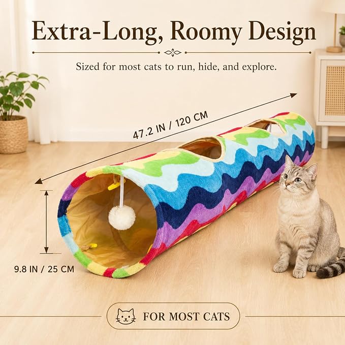 Cat Tunnel -Straight-Shaped, Rainbow Wave Color, Soft Velvet Exterior, Oxford Fabric Fog-Proof Interior, Plush Toy Ball, Easily Washable, Conveniently Foldable, 47.2in/120cm - Image 5