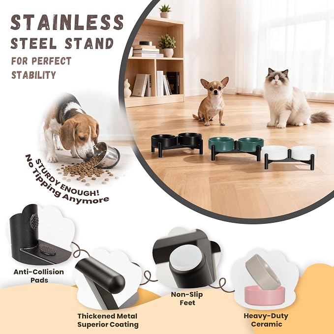 Raised Ceramic Dog Bowl Set with Stand, 1.6 Cups Elevated Dog Food Stand | 5.1'' Double Dog Food and Water Bowl Set, Non-Slip Dog Feeding Dishes for Small Breeds and Cats, 10.8 OZ, Green - Image 3