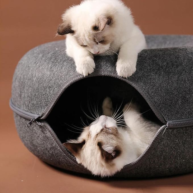 Felt Cat Cave Bed with Removable Cover, Cozy Pet Shelter for Indoor Cats, Zippered Washable Cat House with Roomy Interior (Dark Gray, for Cats Under 15 lbs, Donut Tunnel Style) - Image 7