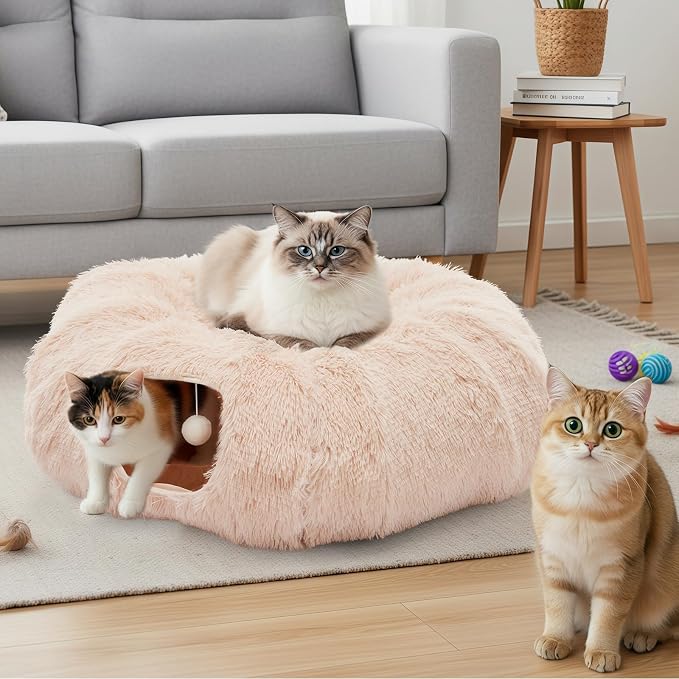 DUMOS Cat Tunnel Bed for Indoor Cats, Cave Donut Play Tunnel, Cream White | Soft Plush Peekaboo, Washable Circle Cushion, Multifunctional Playground Under Tree Toys for Kittens, Puppy, Rabbit, Ferret by DumosLifestyle