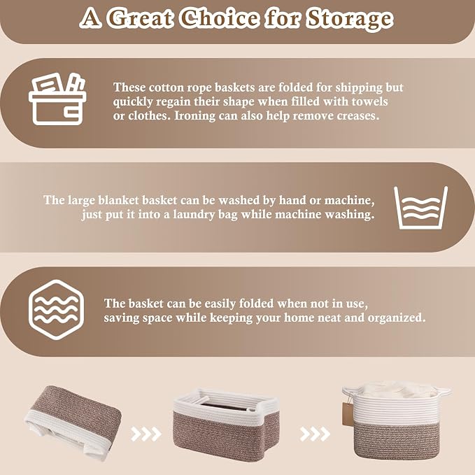 Goodpick Woven Rope Storage Basket for Shelves, Rectangle, Brown | 13" × 10" × 9" Stylish Gift Basket for Bedroom & Living Room Organization, Cotton Rope Baskets for Toys & Towels Storage - Image 7
