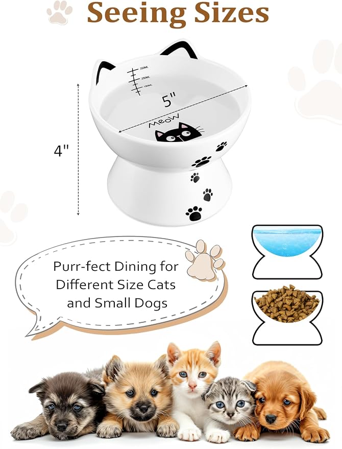 Porcelain Raised Cat Bowl, No Spill Cat Water Bowl with Anti Slip Band, Elevated Porcelain Pet Bowl Protect Pet's Spine, Large Capacity Pet Water Bowl, 15 oz, Dishwasher Safe | Anti Vomiting, Whisker Friendly, Shallow Food Dish and Deep Water Bowl, Ant... - Image 2