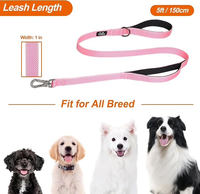 Twoear 5FT 1IN Heavy Duty Dog Leash for Large Dogs with 2 Padded Handles | Traffic Handle Extra Control, Auto Lock Hook, Strong Reflective Walking Leash for Night Safety, Medium and Large Breeds,Pink - Image 6