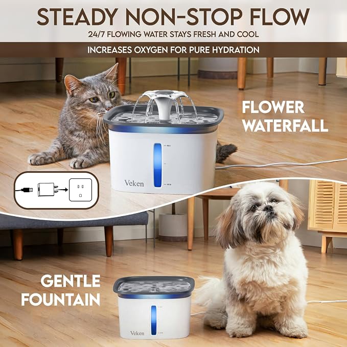 Veken Innovation Award Winner 95oz/2.8L Cat Water Fountain | Automatic Pet Fountain Dog Water Dispenser with Replacement Filters & Silicone Mat, Gift for Cats, Dogs (Grey, Plastic) - Image 2