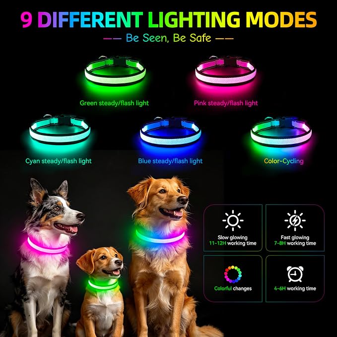 Flashseen Multicolor LED Light Up Dog Collar, RGB 9-Mode, USB Rechargable | Super Bright Lighted Dog Collar, Adjustable Soft Mesh, Glow Collar for Dog Night Walking (White, M) - Image 3