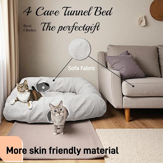XxingSheep 4 Cave Premium Hemp Fabric XL Cat Tunnel Bed for Indoor Cats Cat Toys Cave Donut with Soft Mat - Image 4