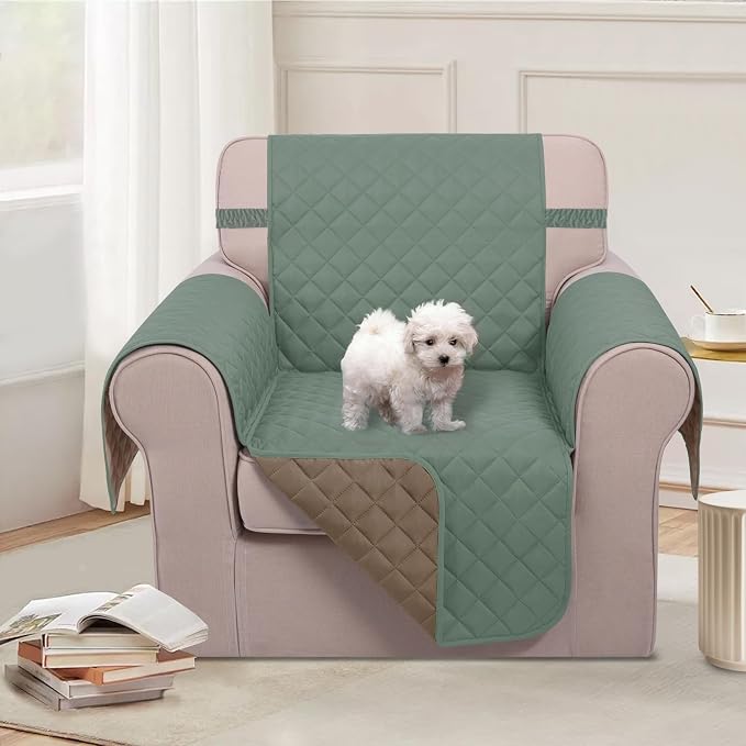 U-NICE HOME Reversible Oversized 28''Chair Covers, Greyish Green/Taupe | Armchair Cover for dogs Washable, Pet Friendly, Elastic Straps, Water Repellent, Diamond Quilted - Image 2