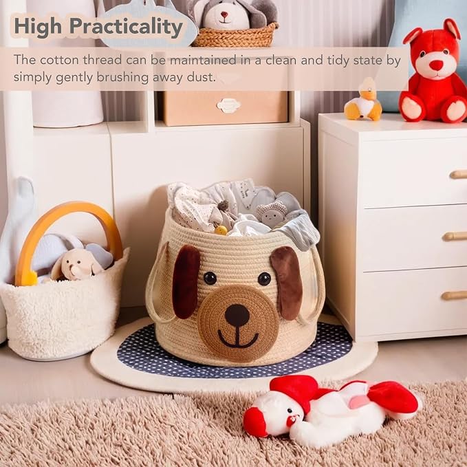 Large Dog Woven Basket with Handles - Toy Storage Bin, Baby Gift & Animal Nursery & Cute Laundry Basket, for Clothes, Towels, Toys (Dog) - Image 2