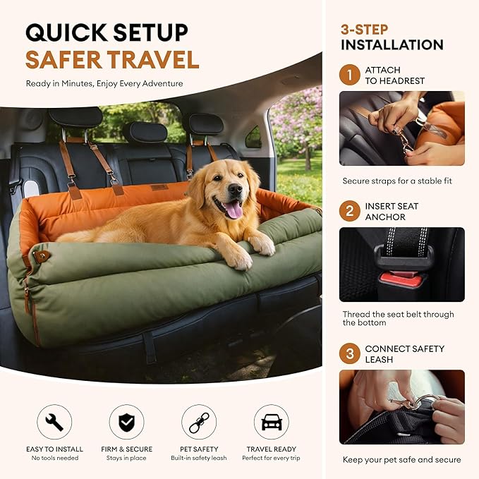 FUNNY FUZZY Leather Dog Car Seat for Large Size Dogs, Pet Booster Car Seats | Waterproof Car Seat with Safety Clip-On Leash, Soft Fabric Car Dog Bed Filling Memory Cotton, Washable Travel Pet Bed(Green) - Image 4