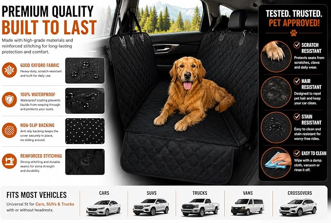 Back Seat Cover for Dogs, Dog Car Seat Cover, 100% Waterproof Dog Hammock with Side Flaps, Non-Slip Pet Seat Protector, Heavy Duty Oxford Fabric, Fits Cars, SUVs & Trucks - Image 8