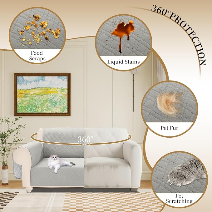 Velvet 100% Waterproof Loveseat Covers Washable Love Seat Couch Covers for 2 Cushion Couch Sofa Pet Friendly Sofa Slipcovers Dogs Furniture Protector with Pockets (Medium-XL, Light Grey) - Image 5