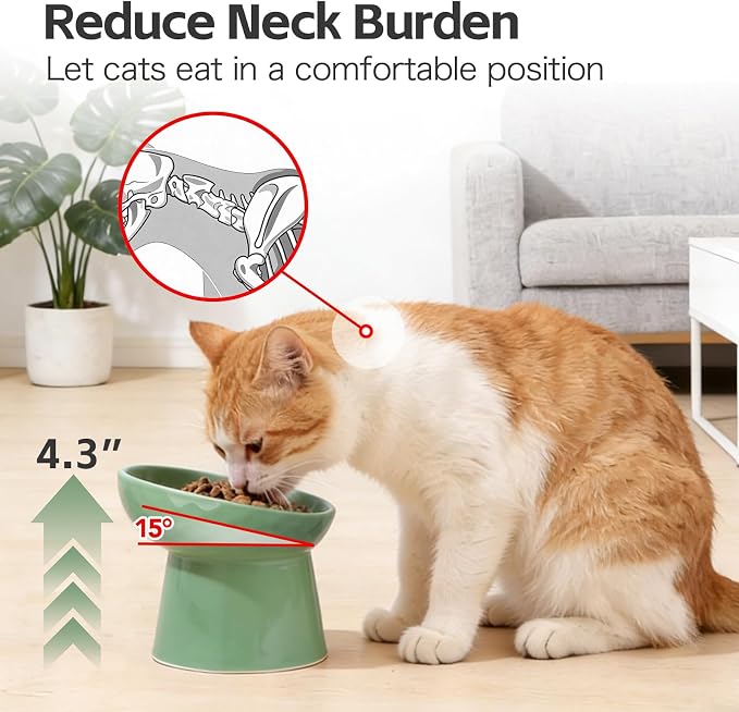 YauYik Raised Cat Bowl, Elevated Cat Food Bowls with Tilted Angle, Stress Free, Anti Vomiting, Ceramic Water Bowl for Cats Small Dogs Feeding Dish, 8 Ounces (Green-2) - Image 3