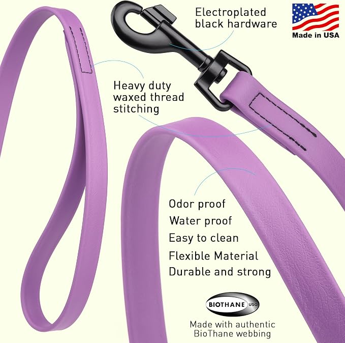 Dogline Biothane Waterproof Dog Leash Strong Coated Nylon Webbing with Black Hardware Odor-Proof Easy to Clean High Performance for Small or Large Dogs Made in USA 4 or 6 ft Lead, Amethyst Purple - Image 2