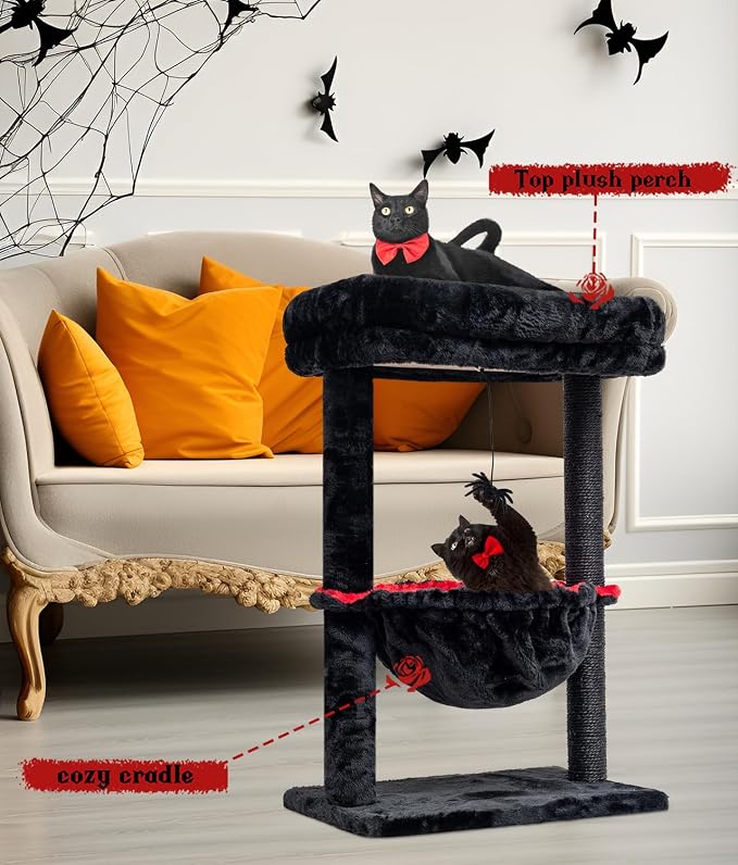 SYANDLVY Gothic Cat Tree with Coffin Bed for Indoor Cats, Activity Tower | Scratching Post for Kittens, Cat Condo Furniture with Basket & Spider Hanging Ball for Play Rest - Image 3