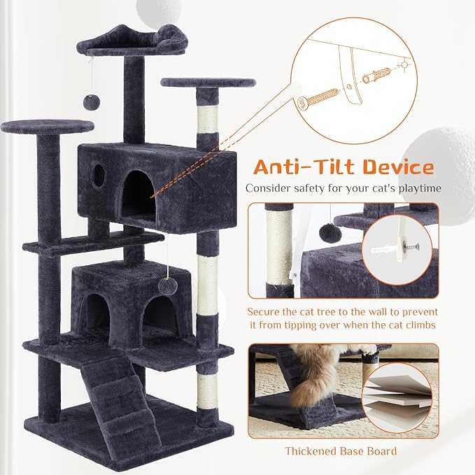Sweetcrispy 54 Inch Cat Tree Tower with Scratching Post, Indoor Use | Multi-Level Cat Tower with Condo with Climbing Ladder, Plush Toy, Play House for Kittens, Dark Grey - Image 6