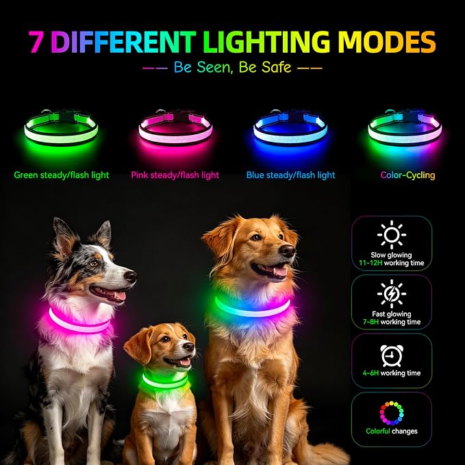 Flashseen Multicolor LED Light Up Dog Collar, RGB 9-Mode, USB Rechargable | Super Bright Lighted Dog Collar, Adjustable Soft Mesh, Glow Collar for Dog Night Walking (White, S) - Image 3
