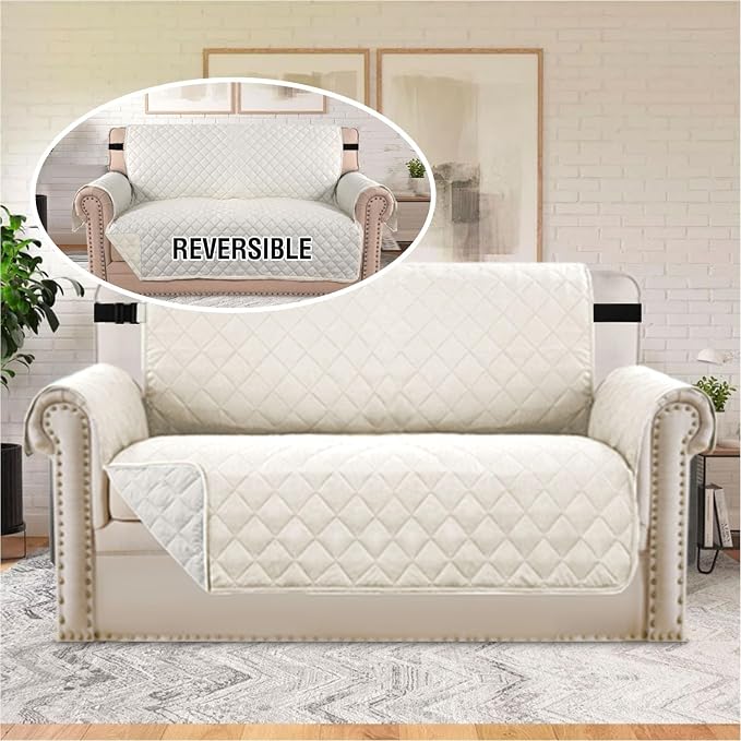 H.VERSAILTEX Water Resistant Loveseat Cover for 3 Cushion Couch Reversible Loveseat Slipcover Furniture Protector with Elastic Strap Non Slip Loveseat Cover for Dogs Pets(Oversized Sofa, Ivory/Beige) - Image 3