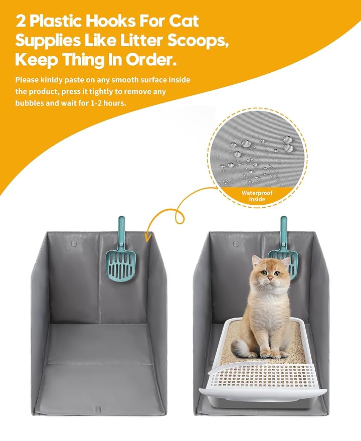 Waterproof Cat Litter Box Enclosure Splash Guard with Removable Mat, Cat Box Enclosure with 2 Hooks for Scoop, Anti-Leakage, Dust Control, Easy to Clean-24.02 x 16.14 x 16.14 inches - Image 2