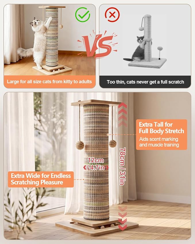 Odoland 31" Tall Large Cat Scratching Post with Replaceable Scratcher Pad | Natural Sisal, Solid Wood Base, Sturdy Durable Replaceable Pad, Interactive Track, Top Perch, Indoor Adult Cats Kitten - Image 4