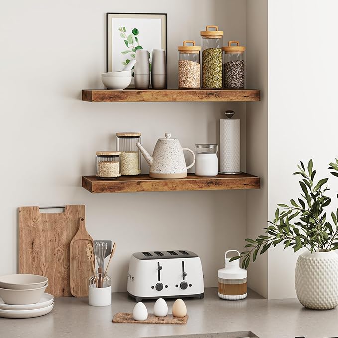 Fixwal Floating Wall Shelves for Decor (Rustic Brown, Set of 2, 22Inch) | MDF Shelf with Metal Brackets, Space Saving for Books , Decor, Fits Bathroom, Kitchen, Bedroom, or Office - Image 5