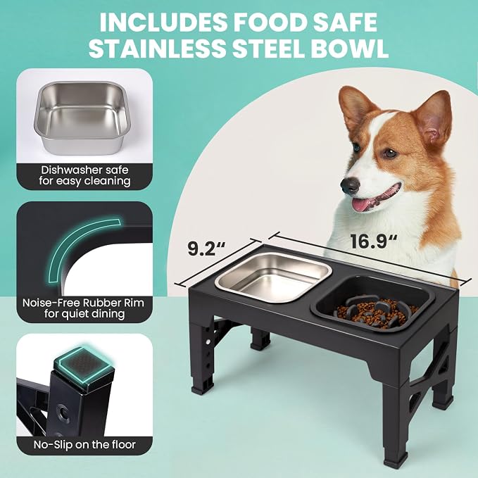 Niubya Elevated Dog Bowls, with Slow Feeder Bowl and Stainless Steel Dog Food Bowl, Raised Dog Bowls Adjusts to 5 Heights (3.15", 8.66", 9.84",11.02", 12.2") for Small Medium and Large Dogs - Image 2