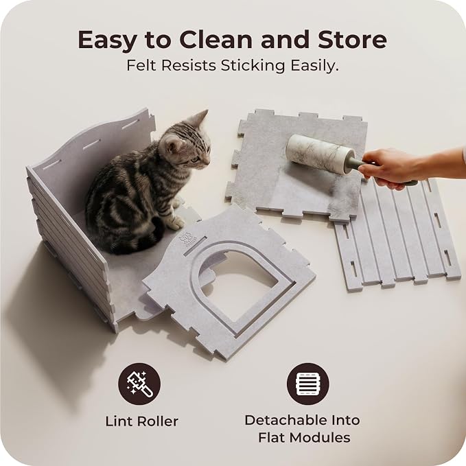 Cat Bed Cave for Indoor Cats: New Felt Cat Bed with Fluffy Ball Hanging, Foldable Cat House with Scratch-Resistant Board, Hideaway Cat Cave for Timid Cats, Sturdy Two-Tier Cat Condo - Gray - Image 5