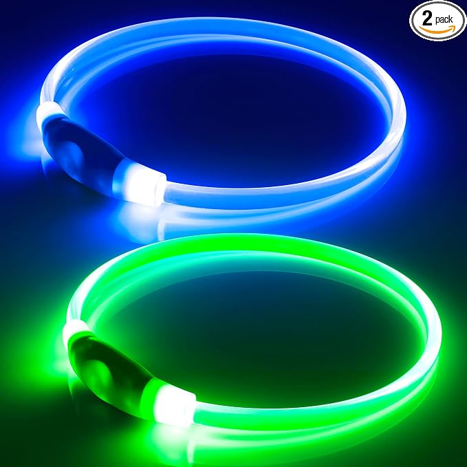 Light Up Dog Collar 2-Pack, USB Rechargeable for Small to Large Dogs | Rechargeable LED Glow Dog Collar with 3 Light Modes, Waterproof, Adjustable 12–25 Inches for Safe Night Walking by Bpawser