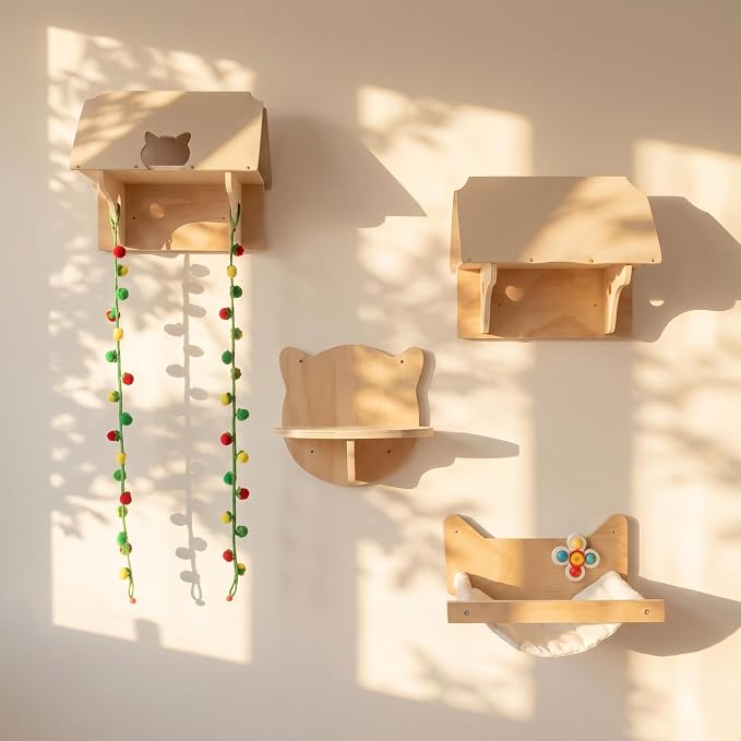 Cat Wall Shelves, Modern Wooden Cat Furniture with Cat Tunnel Platform, Interactive Cat Climbing System & Floating Perch for Indoor Cats by Unknown
