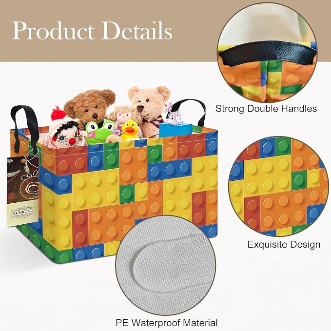 Rectangle Foldable Storage Basket Handles For Home, Colorful Blocks | Waterproof canvas material, reinforced handles, perfect for shelf use, organizes clothes, daily items and pet supplies - Image 4