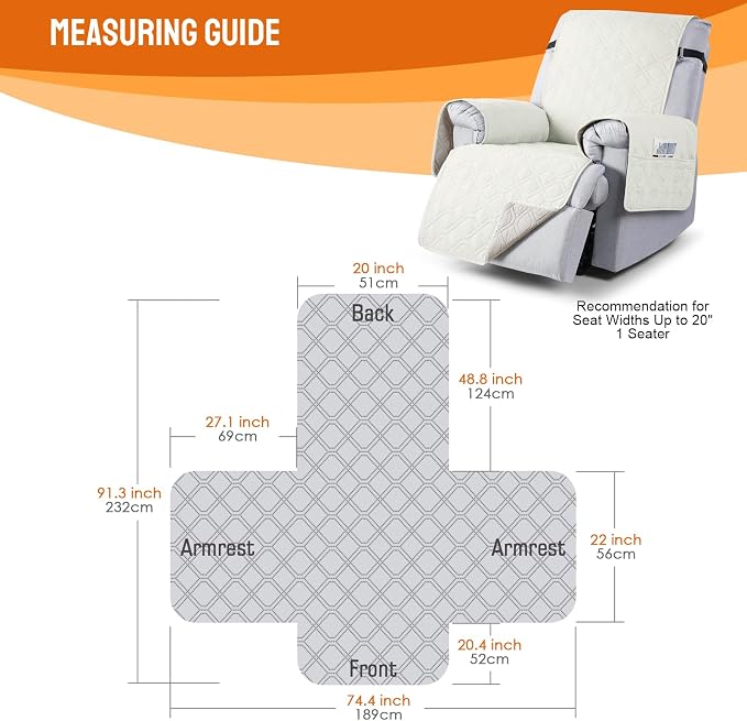 VANSOFY 100% Waterproof Recliner Chair Covers Washable, Off White, 20" | Non-Slip, Slipcover with Pocket, Furniture Protector, Elastic Straps, Chair Cover for Pets, Dogs - Image 2
